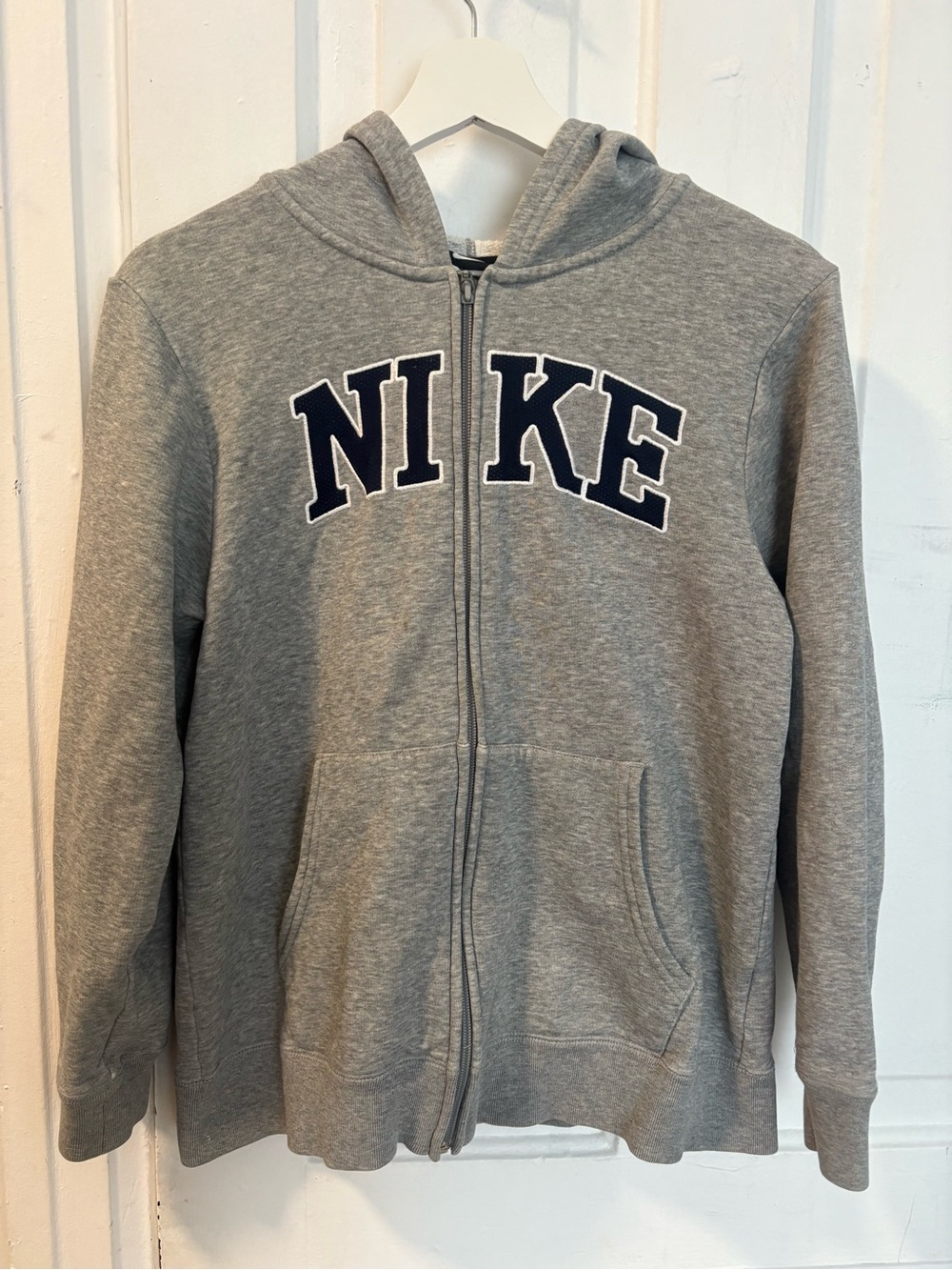 Nike Kids Gray Full‑Zip Hoodie with Navy Lettering
